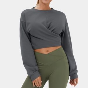 Halara Gray Long Sleeve Tie Back Lace Up Crewneck Cropped Sweatshirt Pullover